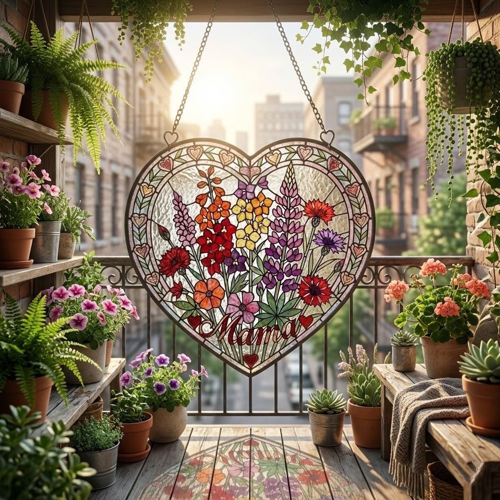 Personalized Mama Garden Suncatcher, Birth Flower Stained Glass Style Window Hanging, Mother Day 2026 Gift for Mom Nana, Custom Heart Flower