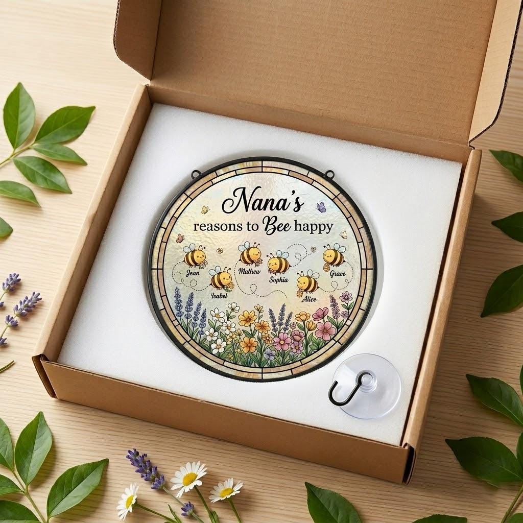 Personalized Nana's Reason To Bee Happy Suncatcher, Custom Grandma Bee Happy Window Hanging, Mother's Day 2026 Gift, Floral Garden Keepsake
