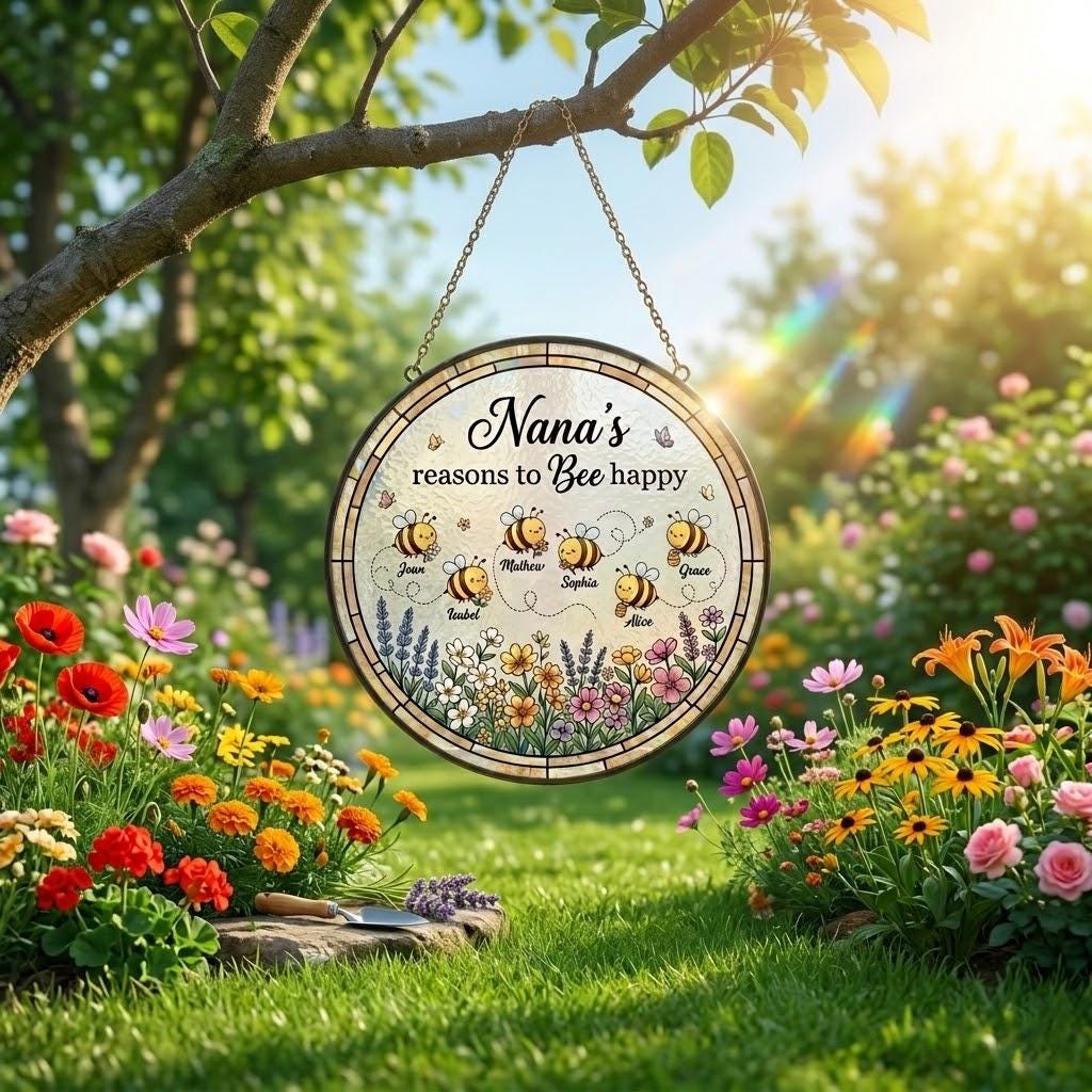 Personalized Nana's Reason To Bee Happy Suncatcher, Custom Grandma Bee Happy Window Hanging, Mother's Day 2026 Gift, Floral Garden Keepsake