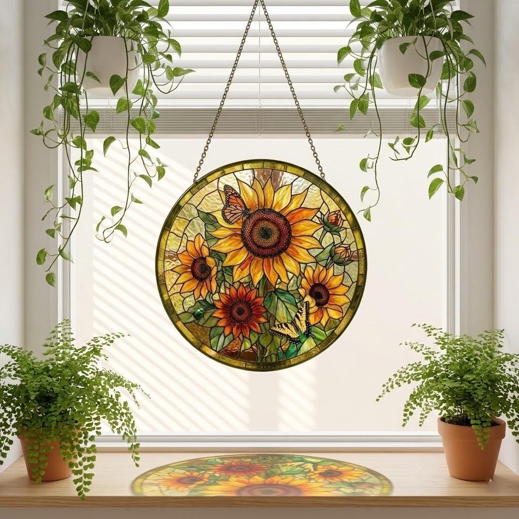 Personalized Sunflower Stained Glass Suncatcher, Custom Mother's Day 2026 Gift for Grandma Nana, Floral Window Hanging Decor, Gift for Mom