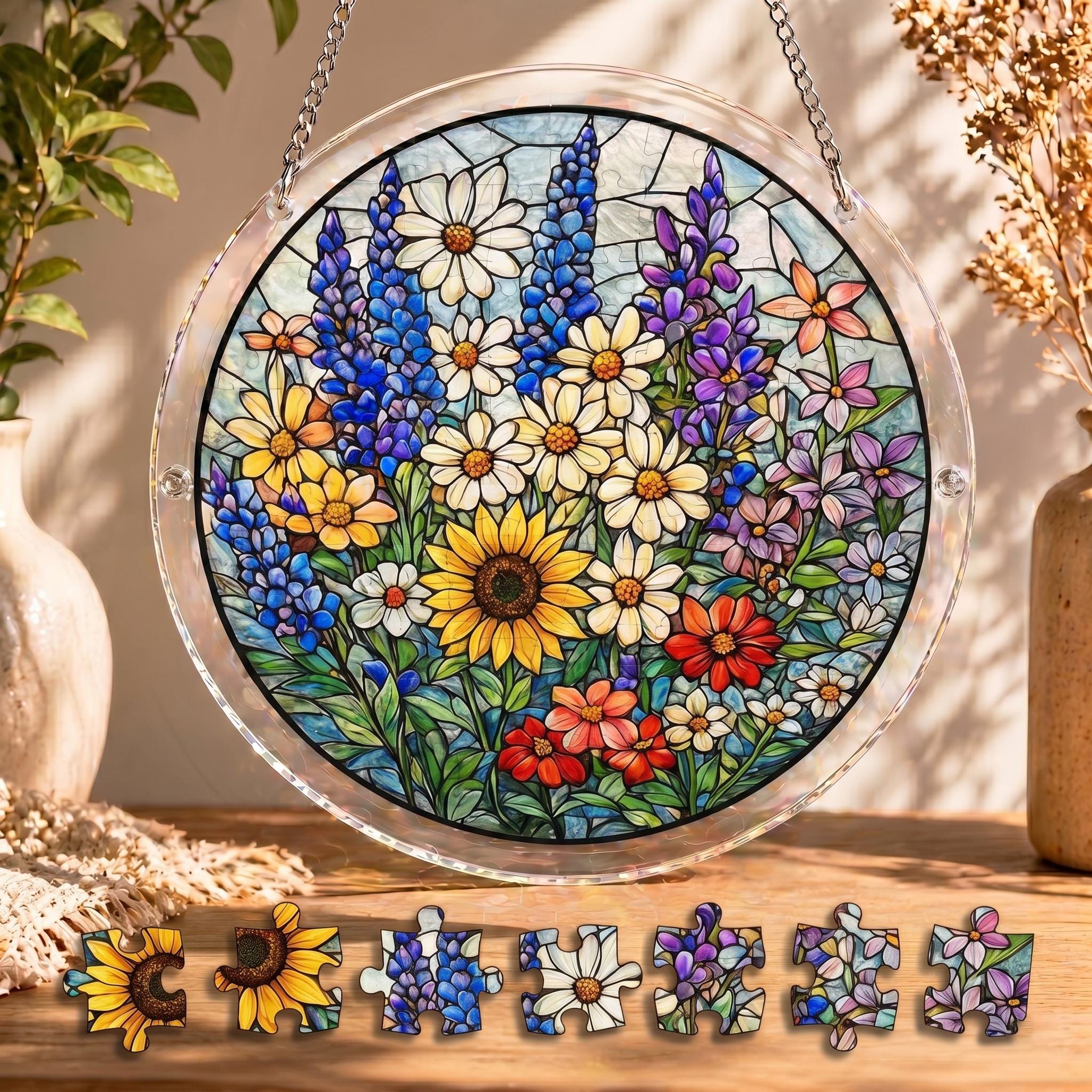 Wildflower Suncatcher Puzzle DIY Kit, Acrylic Window Hanging Decor, Adult Craft Kit, Floral Suncatcher, Rainbow Light Maker, Gift for Her
