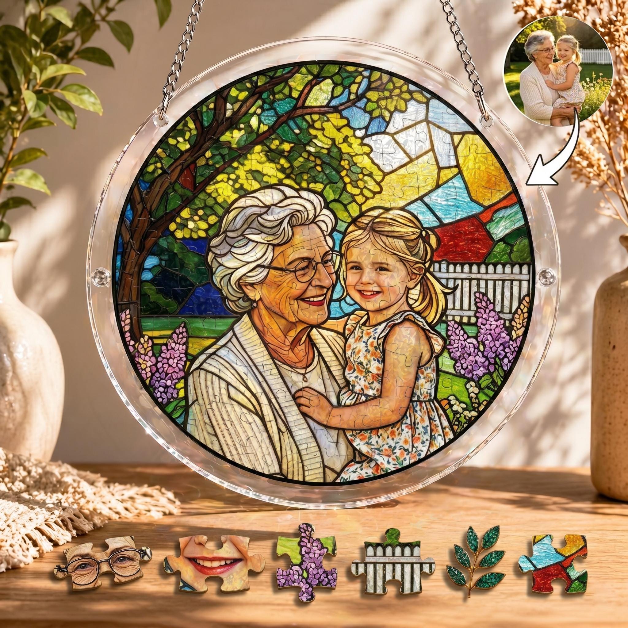 Personalized Family Portrait Photo Suncatcher Puzzle DIY Kit, Custom Memorial Gift for Grandpa, Father's Day 2026 Gift, Mother's Day Grandma