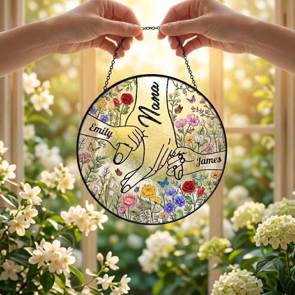 Personalized Holding Grandma's Hand Suncatcher, Custom Mother's Day 2026 Gift for Nana Grammy Gigi, Acrylic Window Decor, Grandkids Names