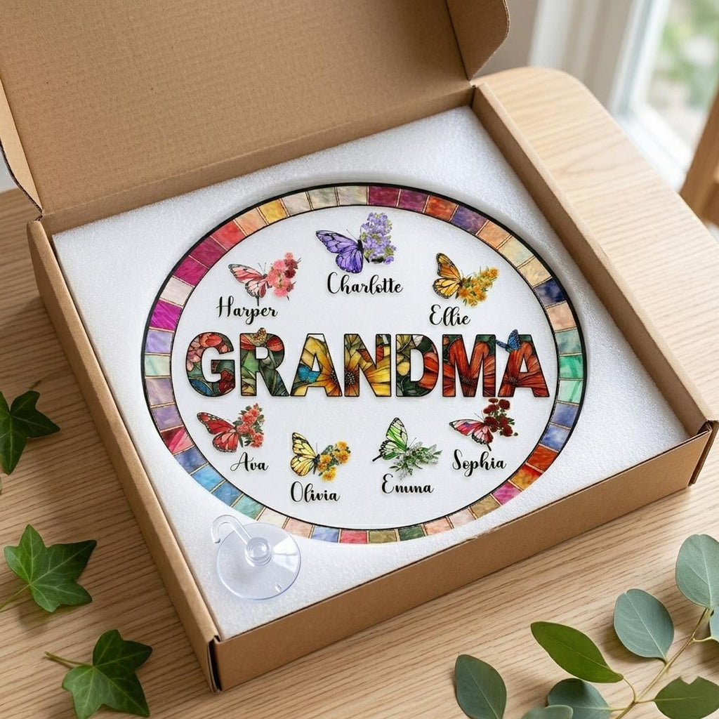 Personalized Nana Glass Suncatcher, Custom Butterfly Birth Month Flower Grandma Gift with Grandkids Names, Mother's Day 2026 Window Hanging