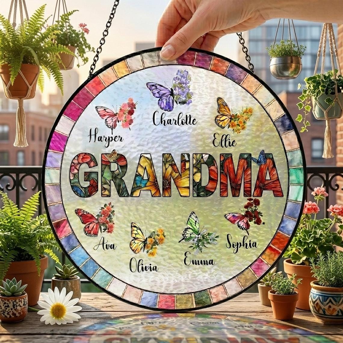 Personalized Nana Glass Suncatcher, Custom Butterfly Birth Month Flower Grandma Gift with Grandkids Names, Mother's Day 2026 Window Hanging