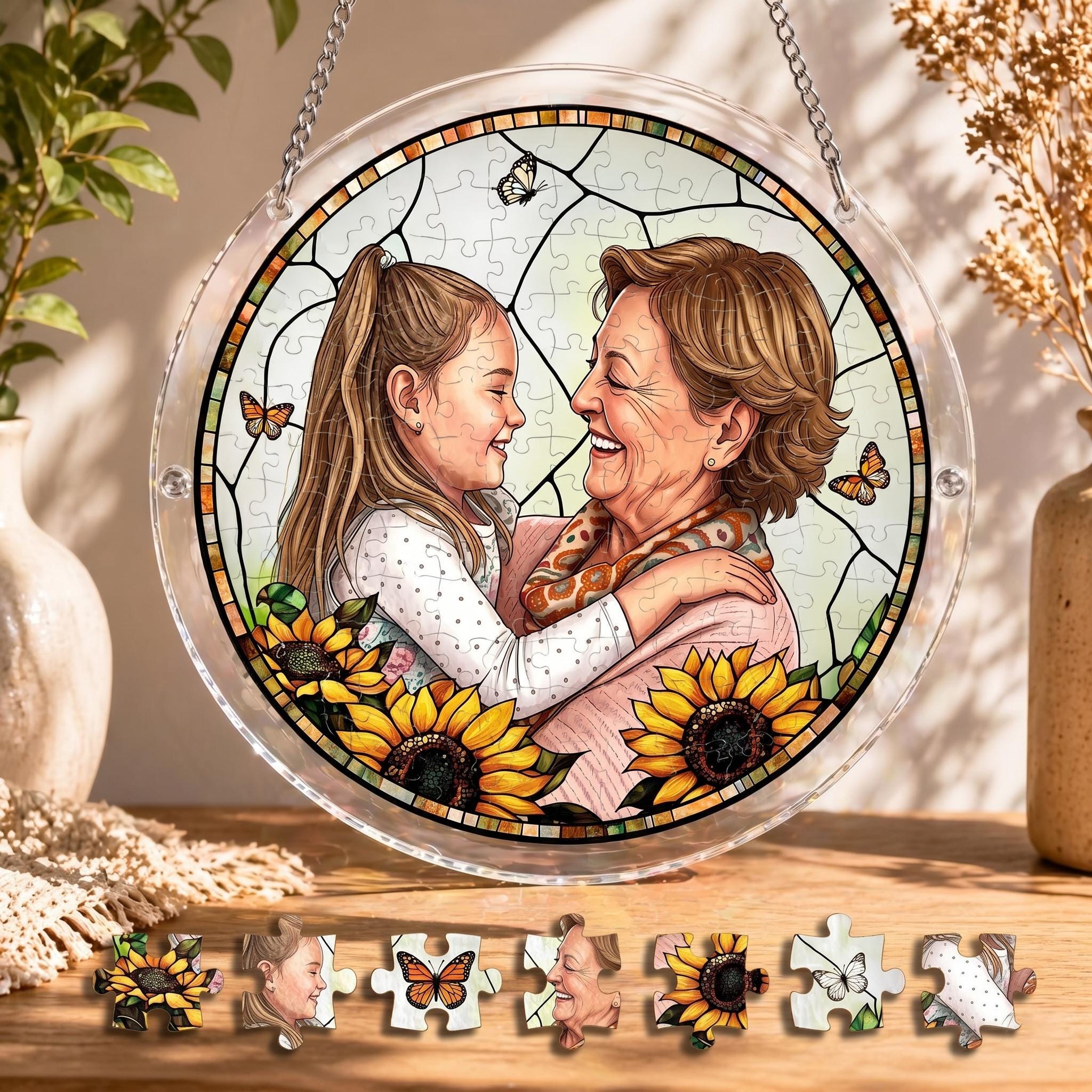 Personalized Mother's Day Photo Suncatcher Puzzle DIY Kit, Custom Grandma Grandkids Portrait Window Hanging, Father's Day Gift, Father day