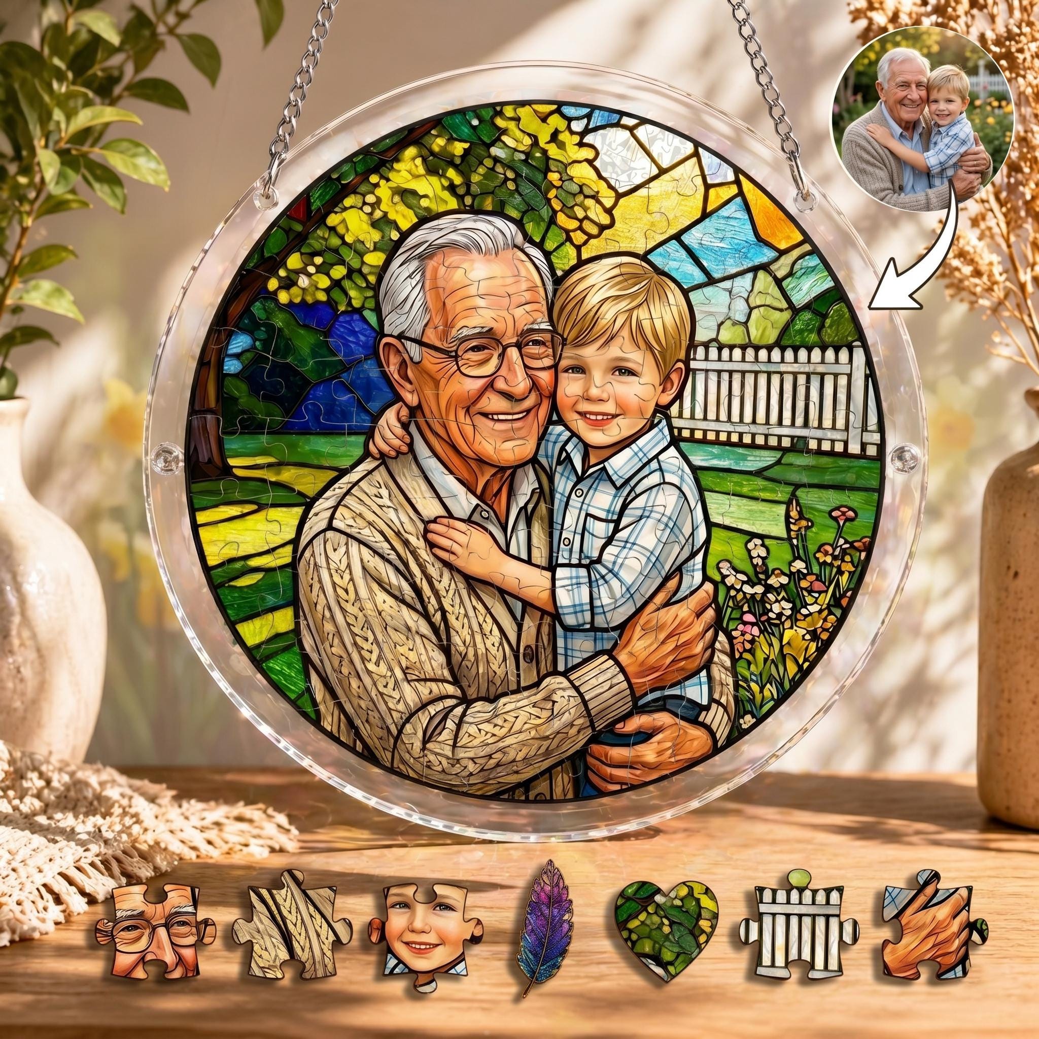 Personalized Father's Day Gift for Grandpa Photo DIY Suncatcher Puzzle, Custom Portrait Window Hanging, Mother's Day Grandma 2026 Art Gift