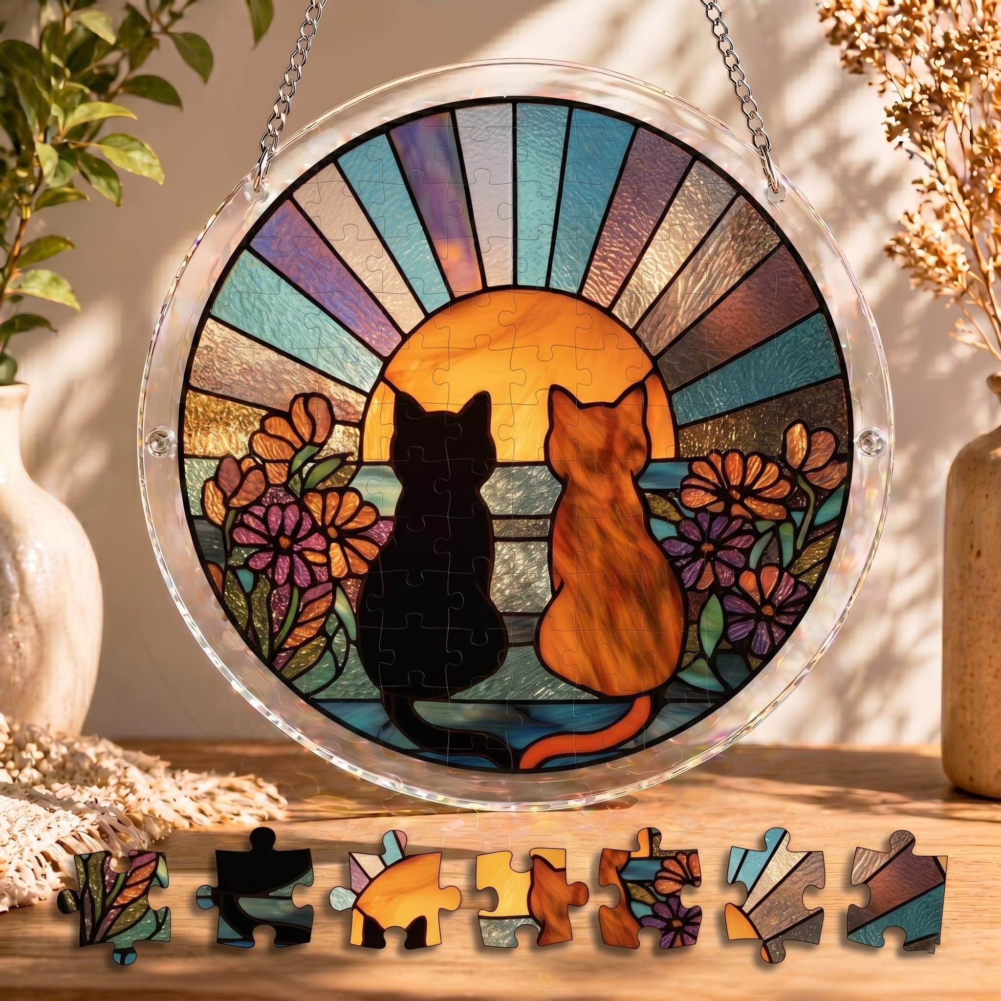 Personalized Cat Dog Pet Suncatcher Puzzle DIY Kit, Custom Black Orange Cat Couple Window Hanging, Mother's Day 2026 Gift, Garden Decor Art