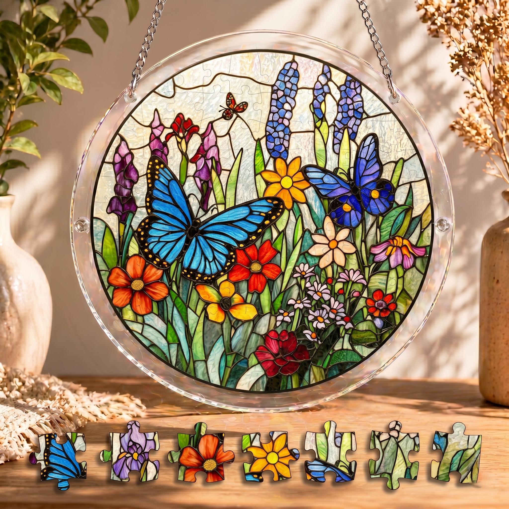 Butterfly Wildflower Suncatcher Puzzle DIY Kit, Colorful Floral Window Hanging, Mother's Day 2026 Gift, Unique Handmade Art Kit