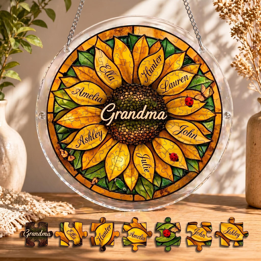 Personalized Sunflower Suncatcher Puzzle DIY Kit for Grandma, Custom Sunflower with Names Grandkids Gift Window Hanging
